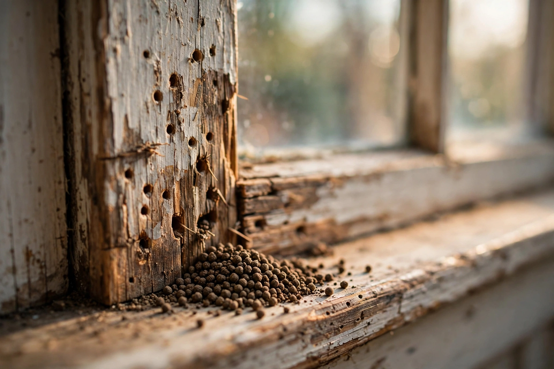 Drywood termite frass pellets beneath kickout holes in a wooden window frame