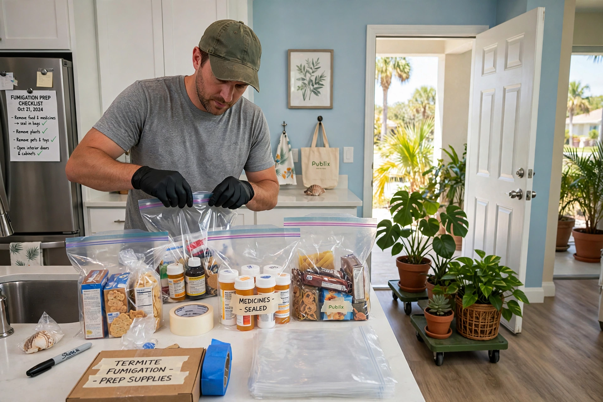 Bagging food and medicine while preparing a home for termite fumigation