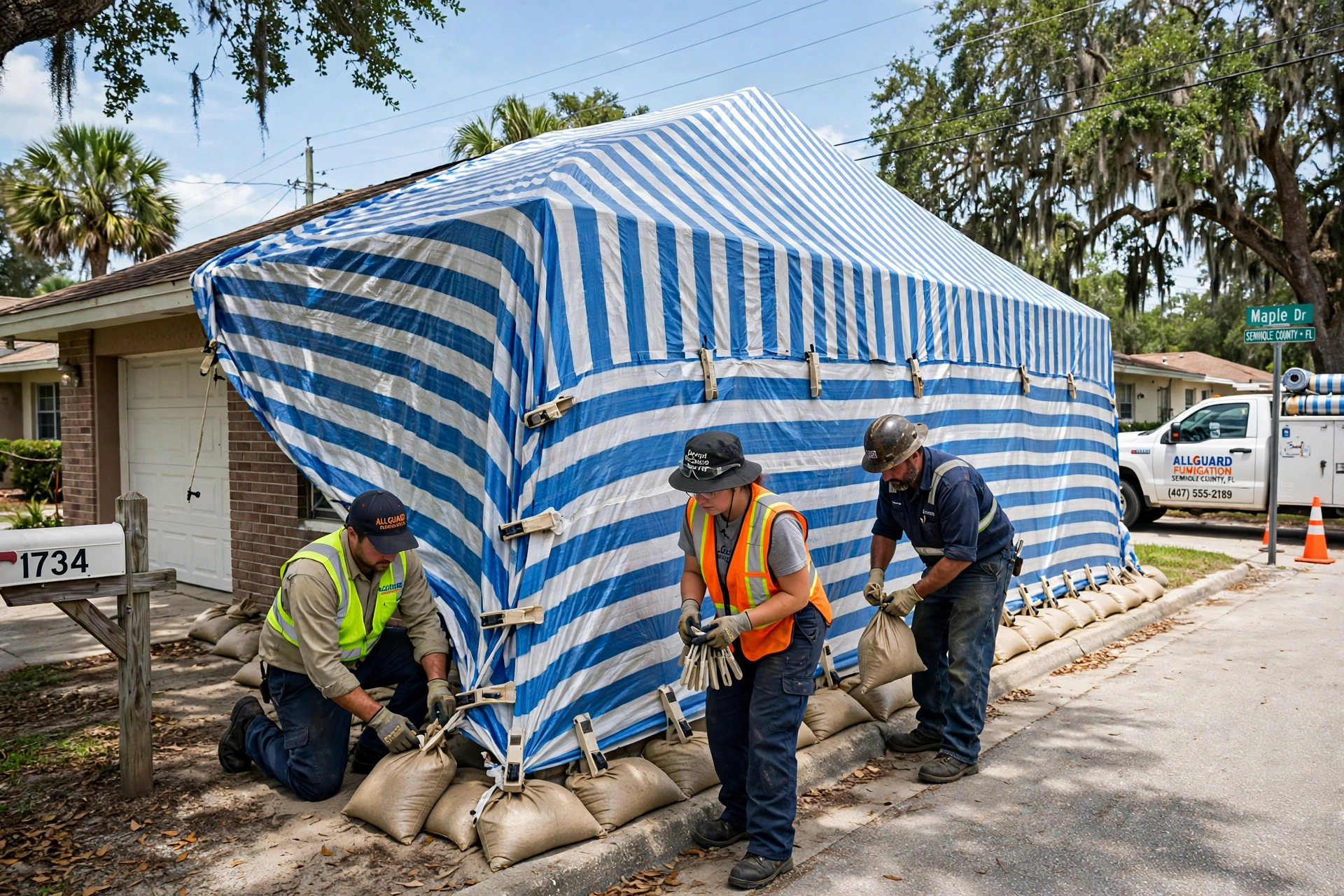 Sealing the base of a fumigation tent on a Florida home