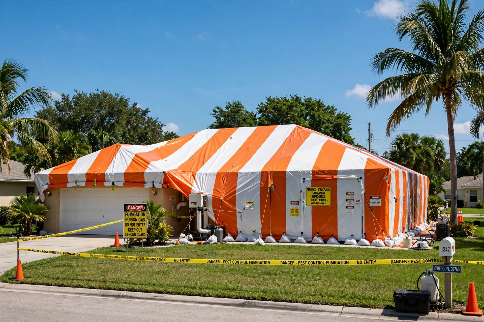A Florida home fully tented for drywood termite fumigation in Oviedo