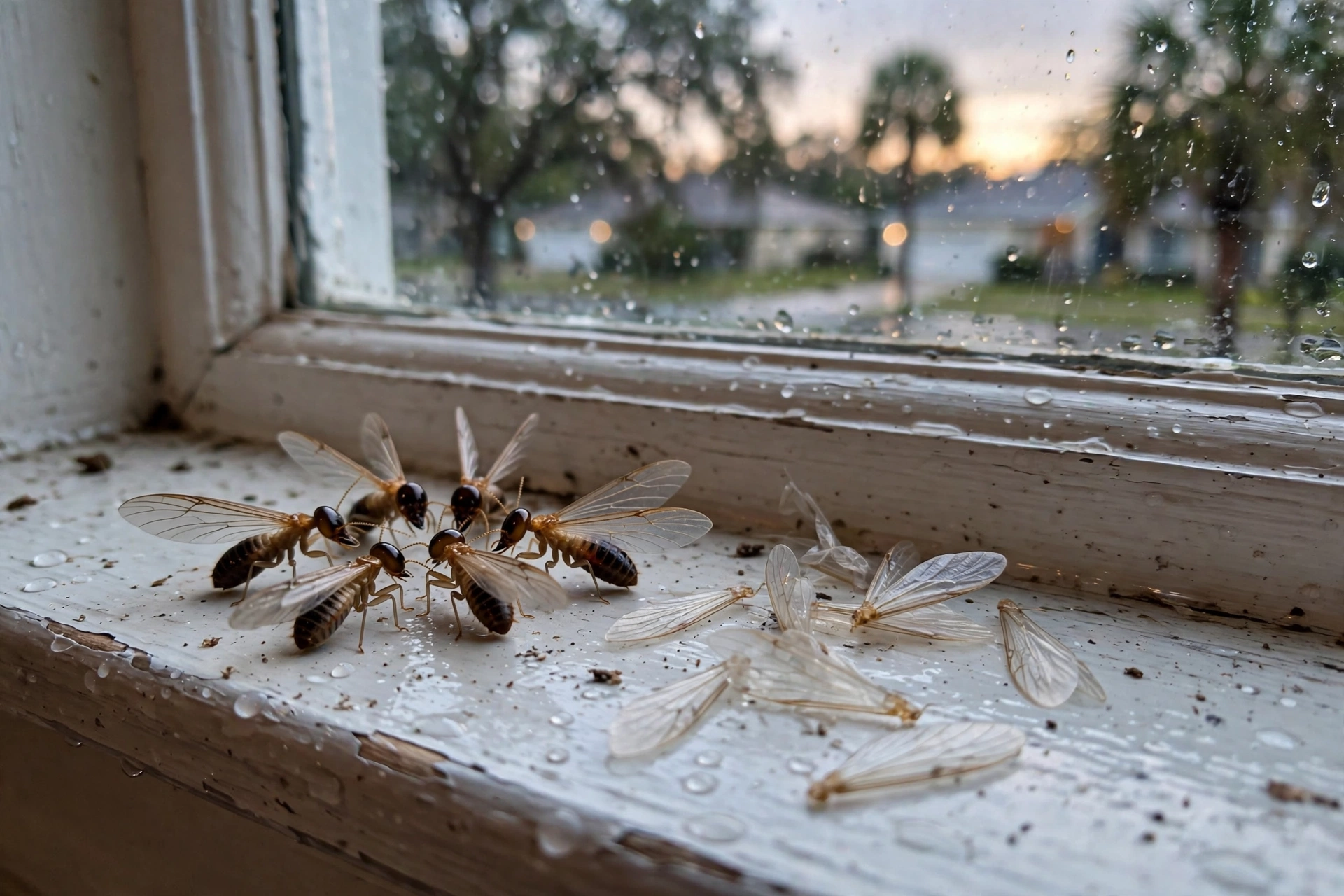 Winged drywood termite swarmers gathered on a windowsill